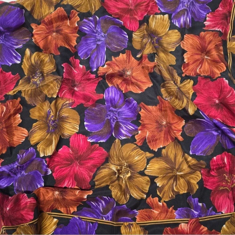 Vintage Specialty House 100% Silk Purple Hibiscus Floral Square Scarf Korea